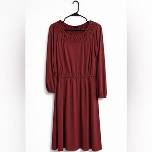 Talbots Burgundy Peasant Midi Dress Medium Petite Off Shoulder Long Sleeve